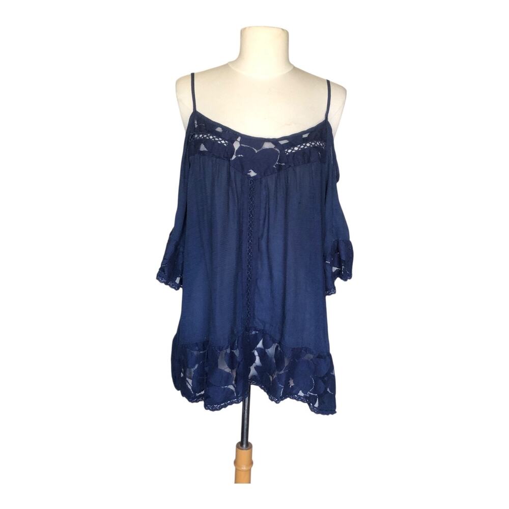 Vintage S-Twelve Navy Blue Cold Shoulder Lace Trim Blouse Women’s Top